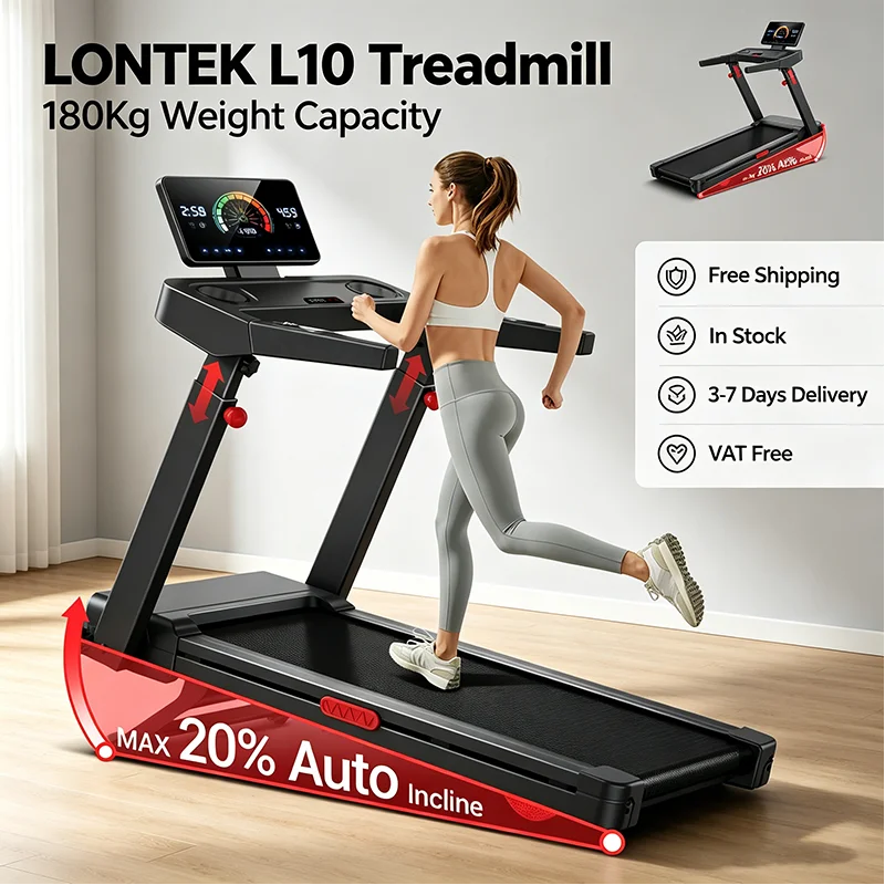 Tapis roulant pliable LONTEK L10 avec inclinaison automatique à 20 % et capteurs de pouls, vitesse maximale de 14 km/h. Ce tapis roulant compact et pliable est doté d'une inclinaison automatique à 20 %, d'un moteur silencieux de 3,5 CV et d'un design peu encombrant, idéal pour un cardio à domicile efficace et des séances d'entraînement quotidiennes.