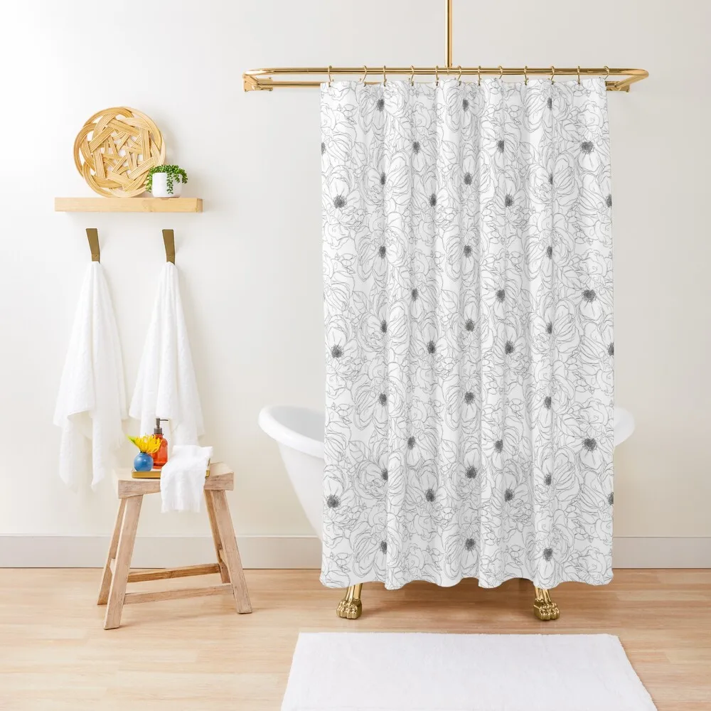 

White Rose Floral Illustration - Lineart Shower Curtain Cute Shower Shower Set Bathroom Decor For The Bathroom Curtain