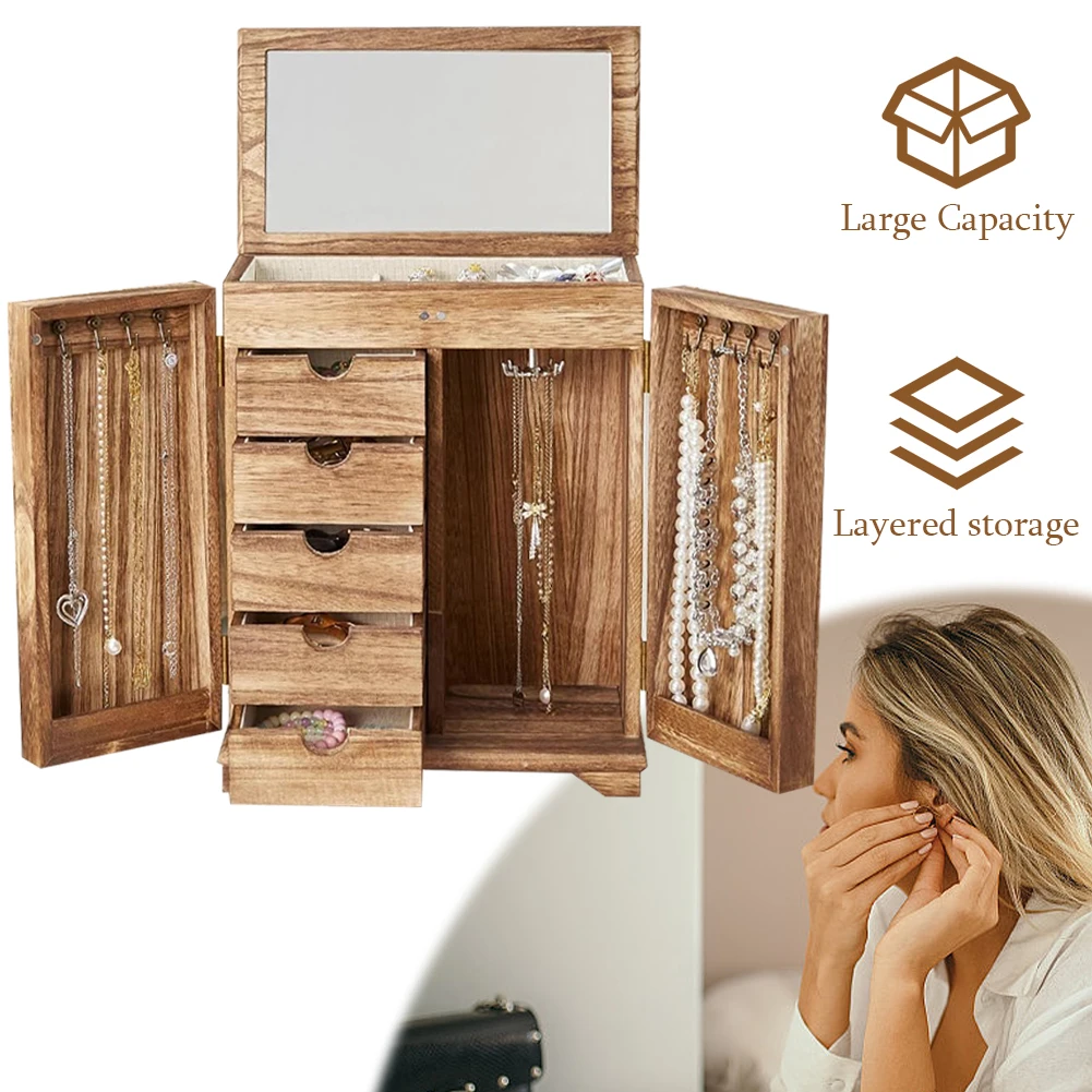 

Деревянная шкатулка для украшений, большая коробка-органайзер для ювелирных изделий, 5-слойная коробка для хранения украшений, винтажный стиль, подставка для ожерелий и серег