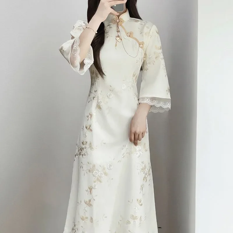 Chinese Traditional Qipao Dress Women Beige Flowers Printed Stand Collar Mid Sleeve Cheongsam Women Elegant Evening Dresses
