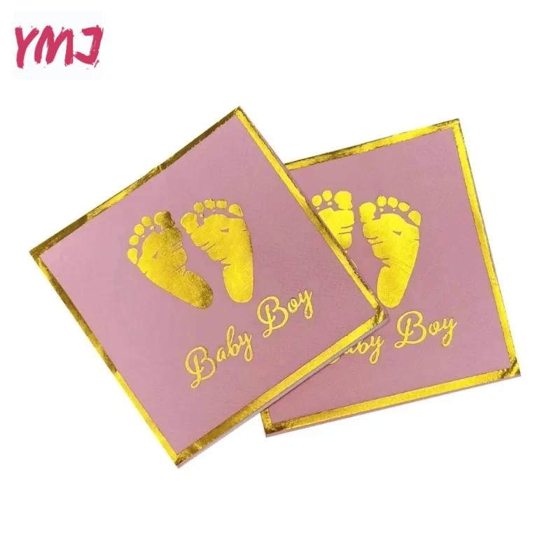 Creative Party Gold Little Feet Babyboy Napkins Hotel Tissue Printed Disposable Primary Wooden Paddle Hot Gold Napkins 20pcs