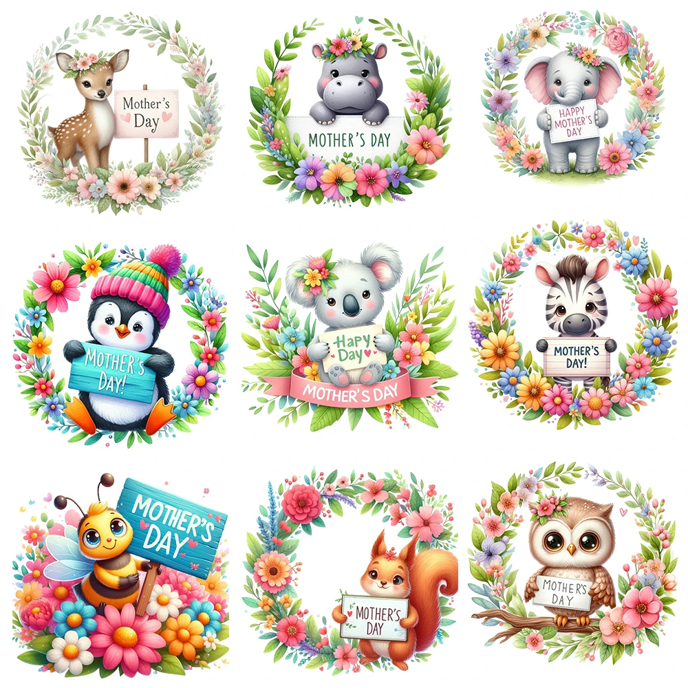 15cm Flower Happy Mothers Day Animals Blessing Diy DTF Heat Transfer Sticker T-shirt Clothes Decals Iron On Transfer Stickers