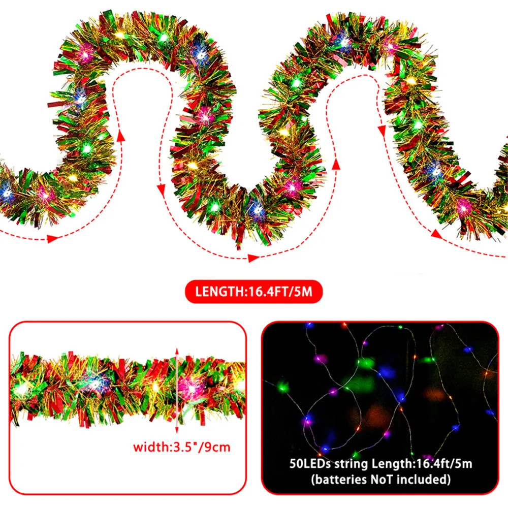 1pc Thick Dingion Christmas Garland - 16 Ft Metallic Shiny Tinsel with LED Lights for Tree Decoration - Indoor Outdoor Xmas