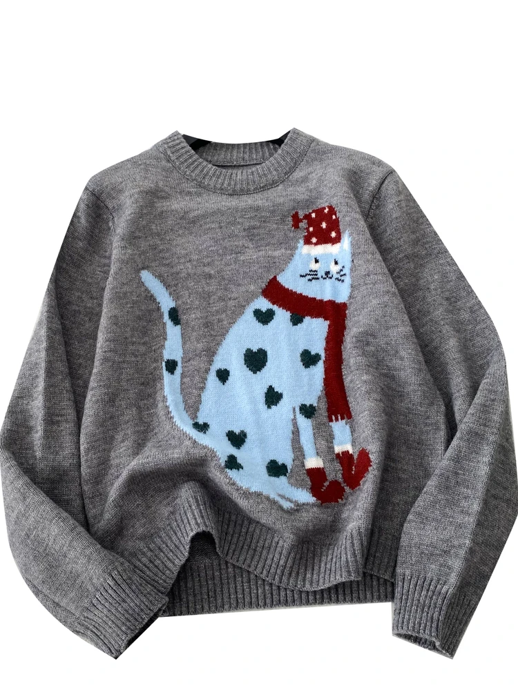 韓国 Sle ラウンドネックプルオーバーセーター レディース ルーズ ロングスリーブ 秋 かわいい プリント 着痩せ ニットウェア 通勤