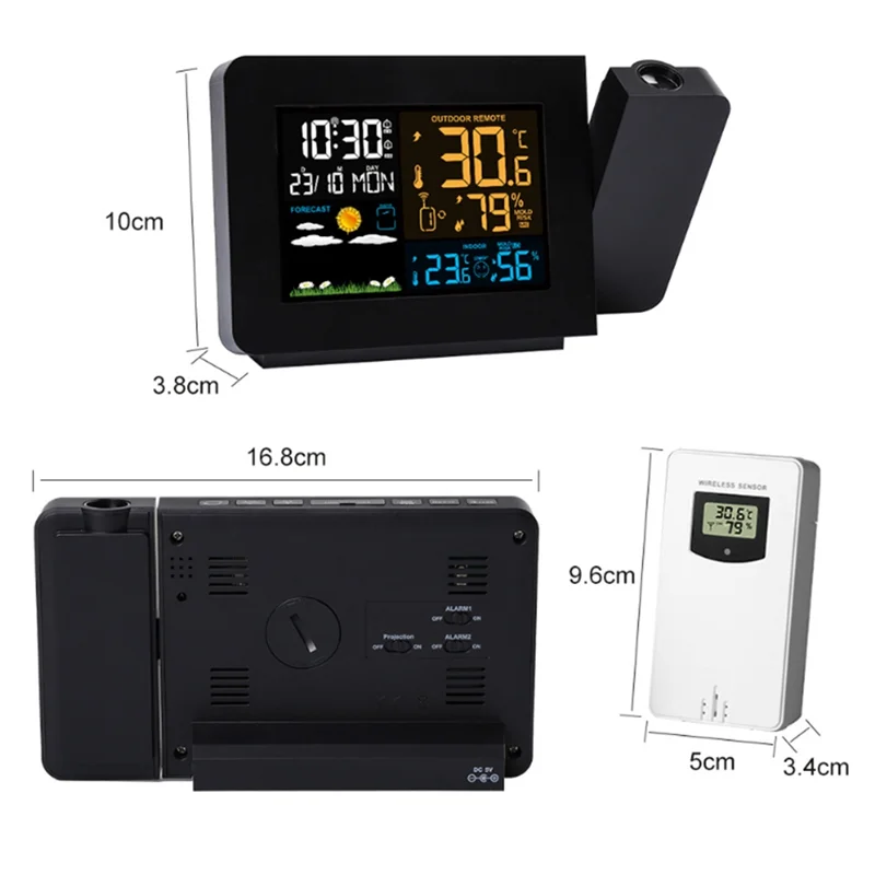 FULL-Weather Station Thermohygrometer Suitable Forindoor Andoutdoor Withsensor Wireless Digital Projection EU Plug