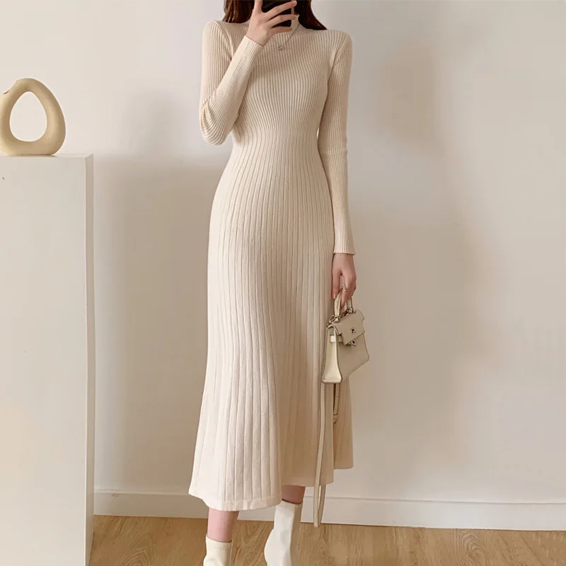 

Women Knitting Dress 2025 Autumn Winter Women's Mid Length Knit Dress Mock Neck A Line Slim Inner Wear Base Layer Dress
