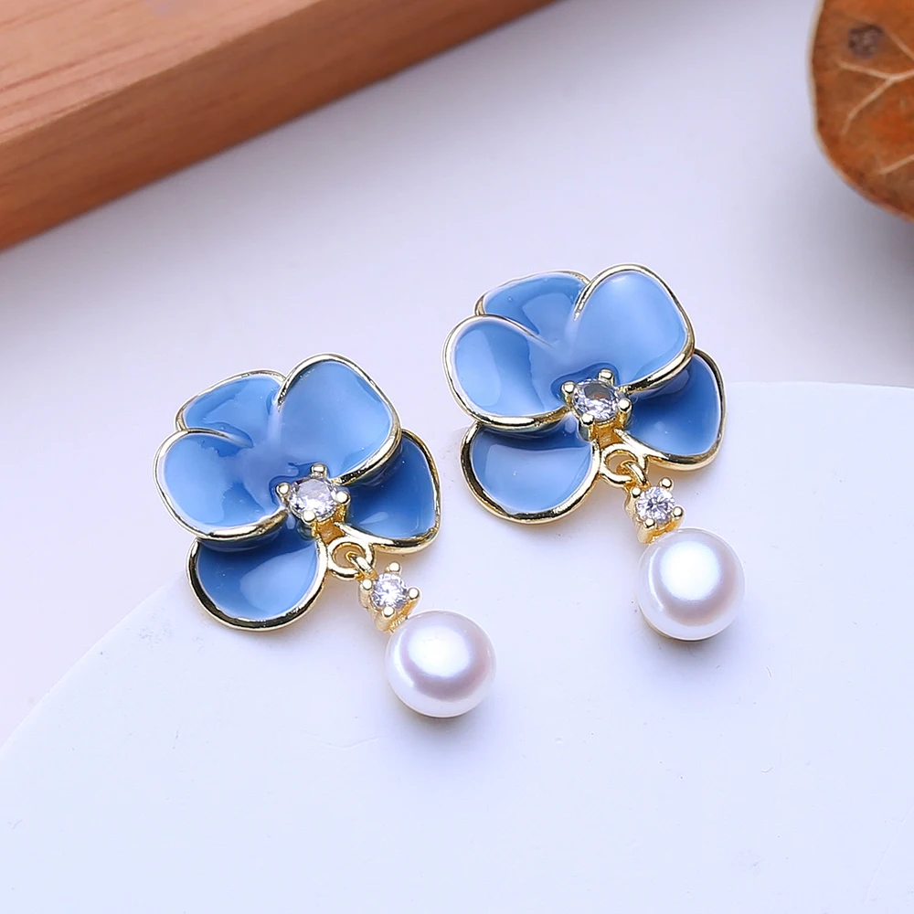 FENASY Freshwater Pearl 925 Sterling Silver Blue Flower Stud Earrings Wedding Jewelry Birthday Anniversary Gifts For Women