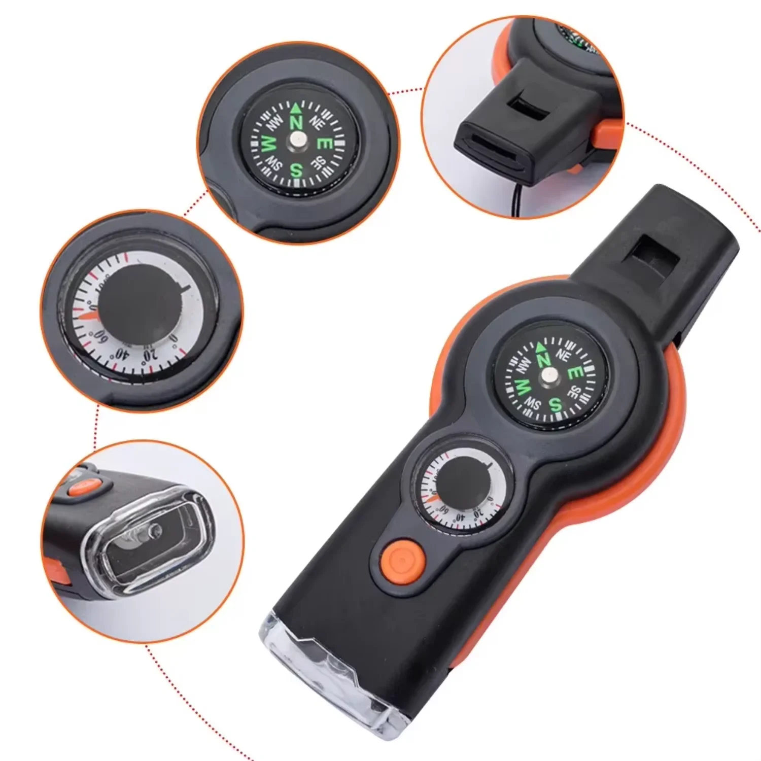 7 in 1 Whistle Outdoor Survival Emergency Tools Multifunctional  Light Camping Hiking Whistle Compass Thermometer Magnifier Ab