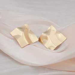 Big Fold Metal Gold Color Irregular Square Rhombus Stud Earrings for Women Geometry Ear Jewelry Accessory Wholesale Girl Gift