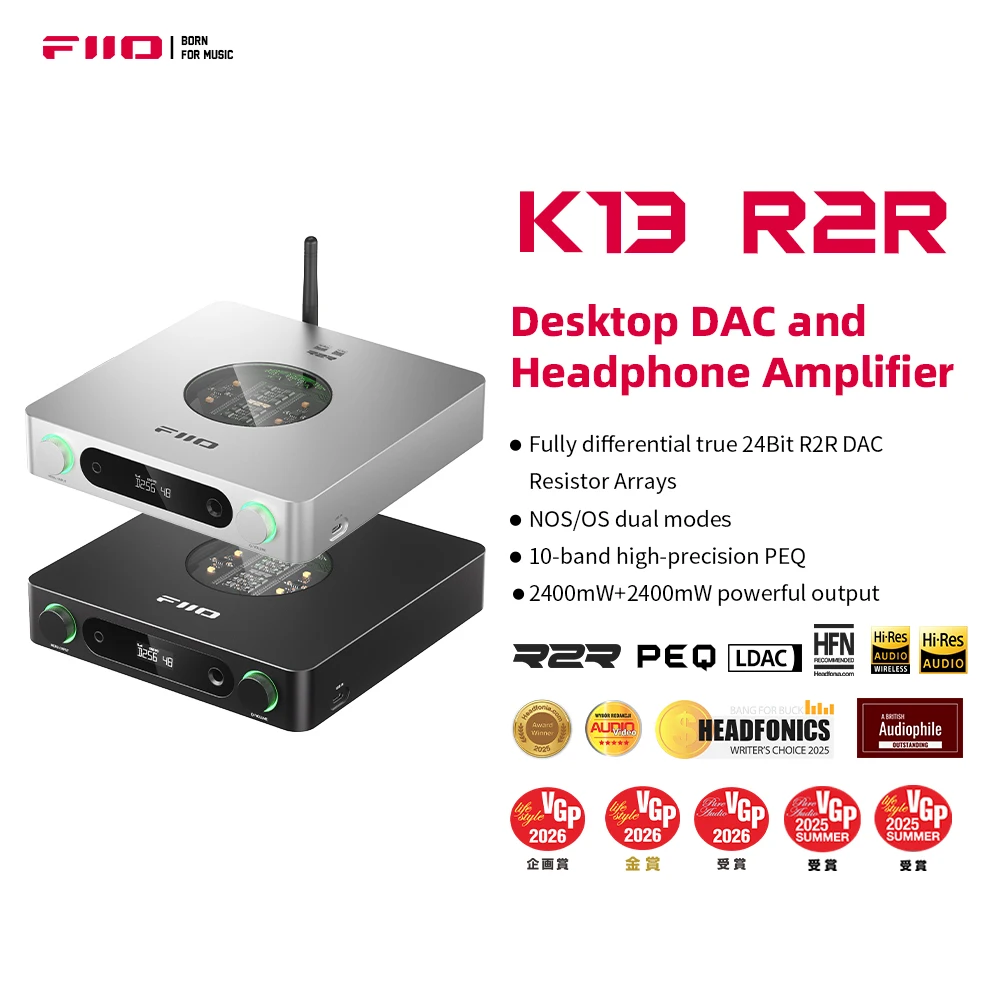 FiiO K13 R2R Desktop DAC & Headphone Amp, High-Fidelity 24Bit R2R DAC, Powerful 2400mW Output, LDAC Bluetooth Streaming,