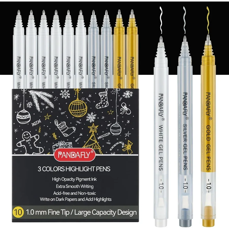 

PANDAFLY Gold Silver White Gel Pens 10 Pack 1mm Extra Fine Point Gel Ink Pen Opaque White Archival Ink Pens for Black Paper Dra