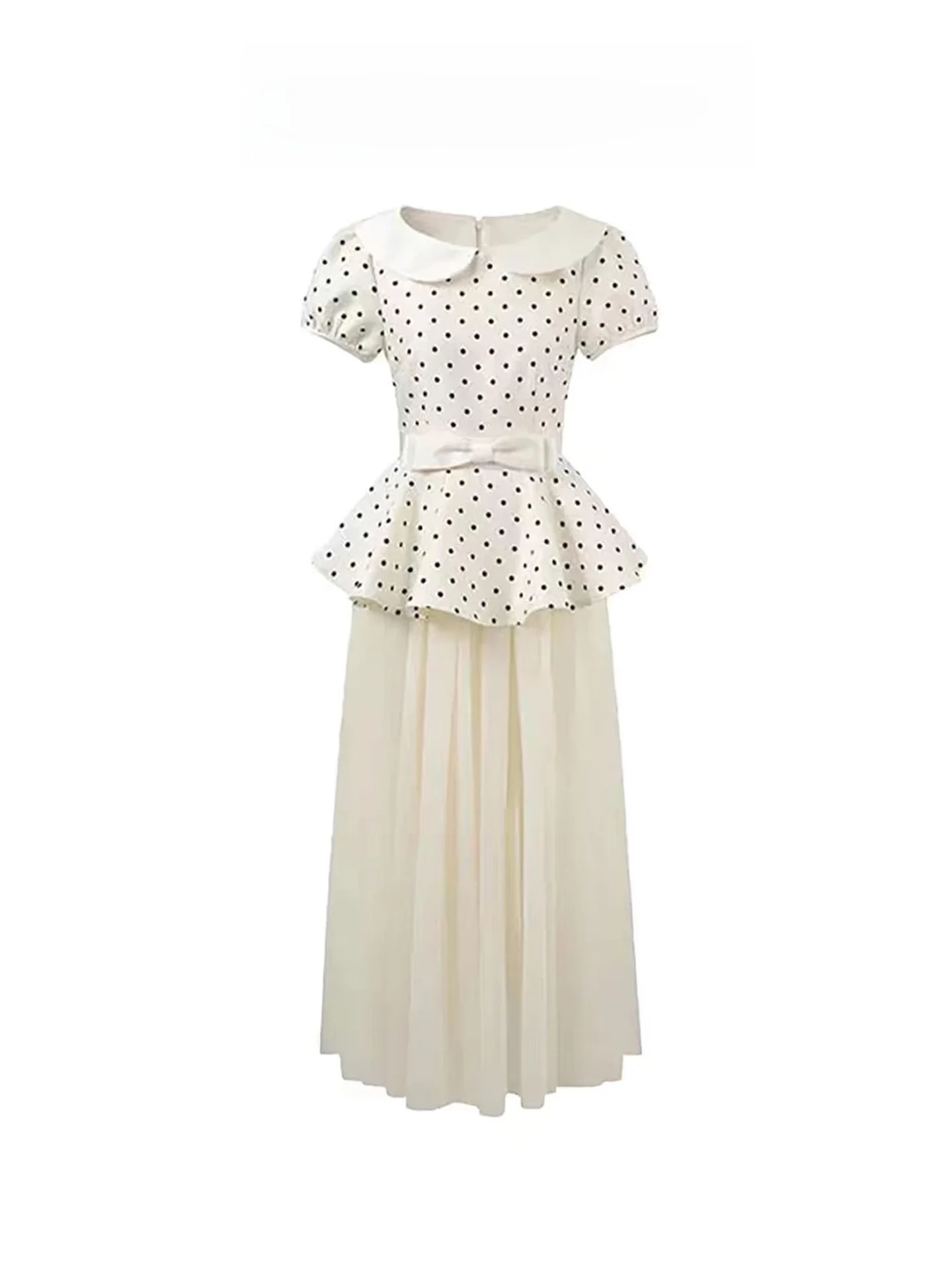 Sweet  Knot Polka Dot Dress Set Women's Summer High Waist Breathable Semi-Transparent Long Skirt Beautiful Fashionable
