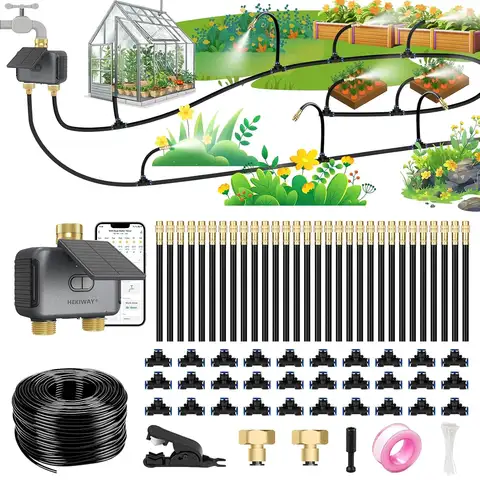 120FT Drip Irrigation System with WiFi Solar Water Timer, Automatic Garden Watering Kit with Dual Metal Tube Brass Connectors, 3