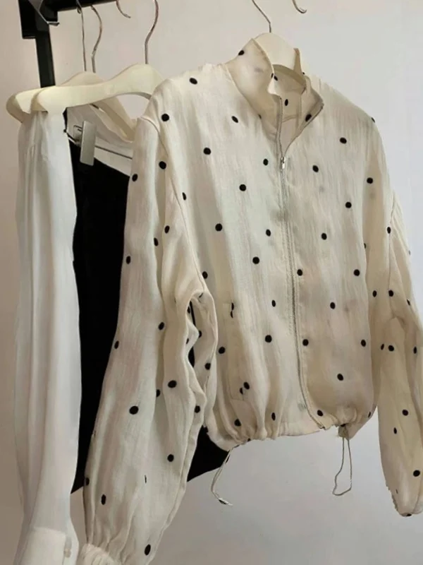 Design Sensation Double Layer Silk Sun Protection Clothing Polka Dot Print Stand Collar Women's Thin Jacket Breathable Top