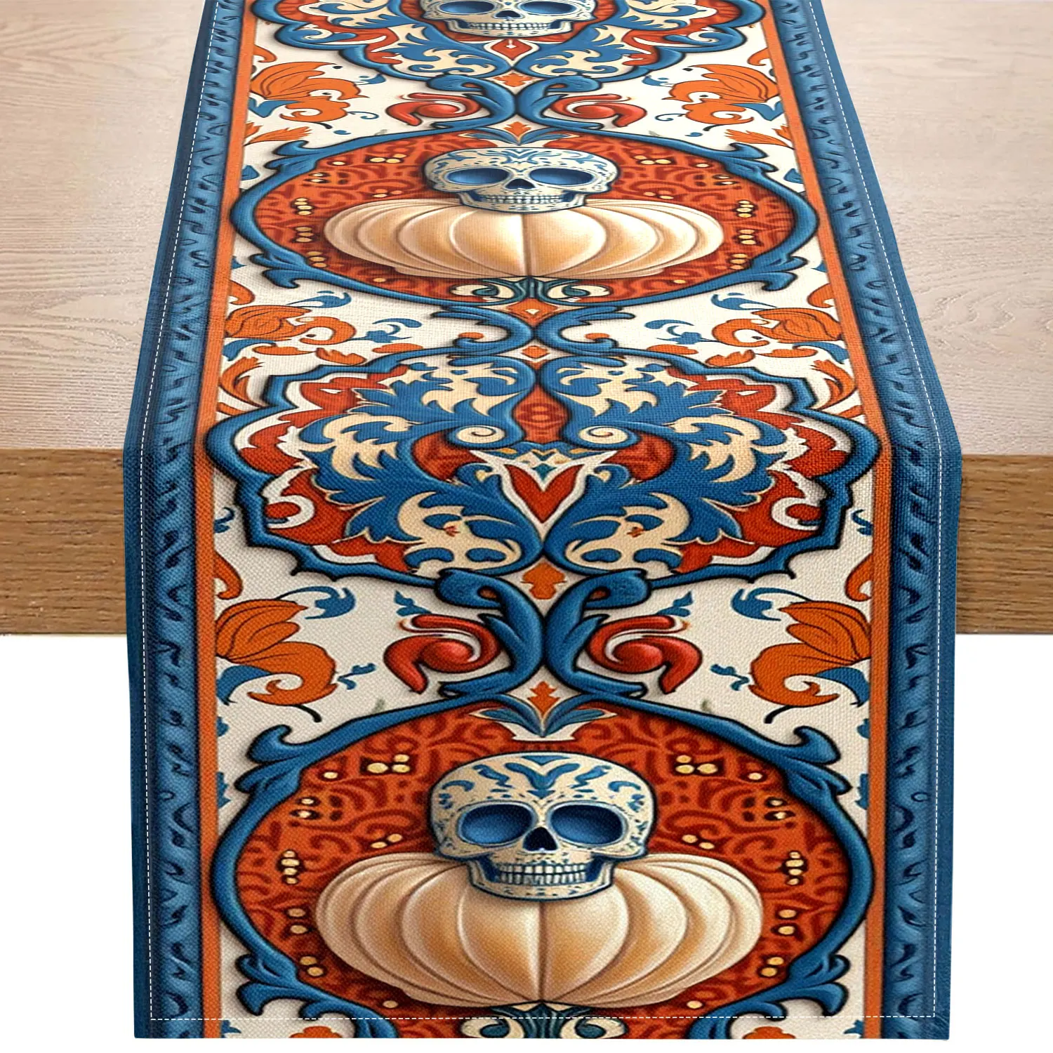 

Цельная дорожка на Хэллоуин в виде скелета и тыквы с расписным черепом и тыквенными узорами, подходит для вечеринок на Хэллоуин и праздничных украшений