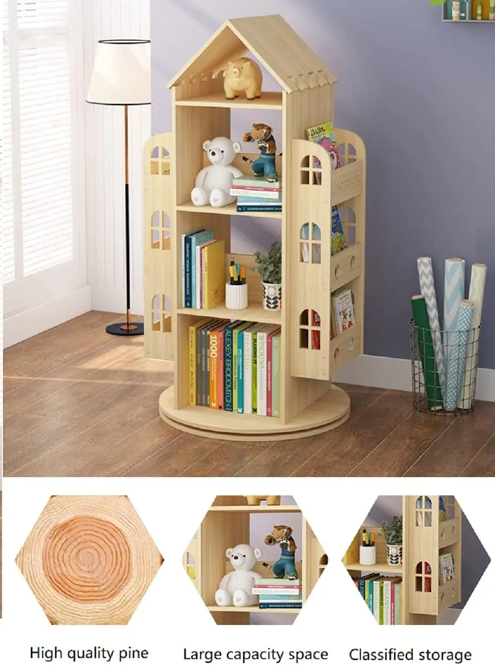 Estantería giratoria con pantalla 360, estantería de pie para almacenamiento, estantería para niños, soporte organizador de estante de libros de madera