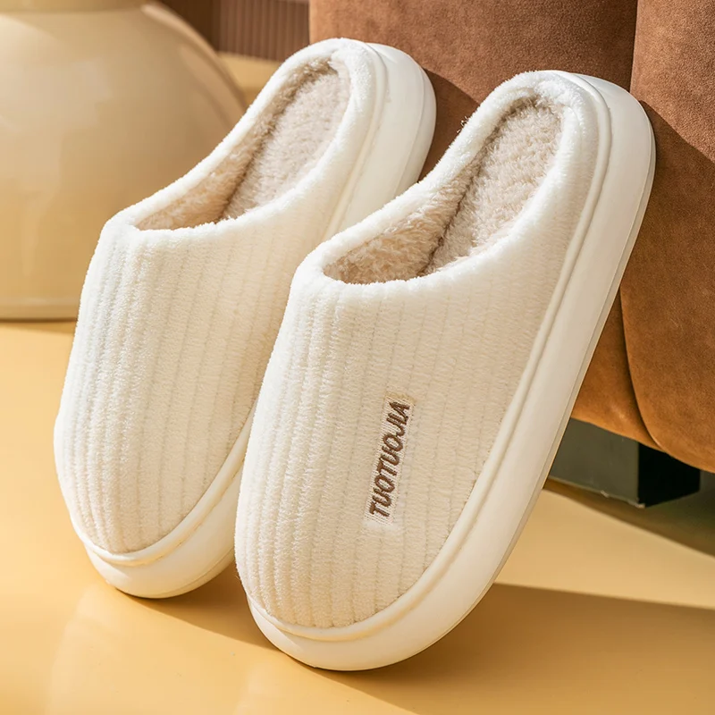 Couple Slippers Indoor Stripe Fluff Memory Foam Fluffy Eva Anti-skid Soft Heel Non Slip Plush Slippers Women\'s Winter Houseshoes