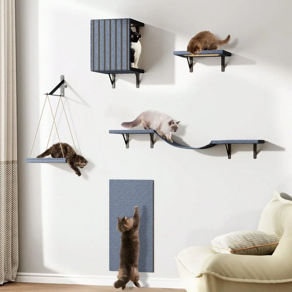 

5 Pcs Wall Mounted Cat Furniture Set - Climber Set With House, Bridge, Steps, Scratcher Board , Indoor Cat Shelves