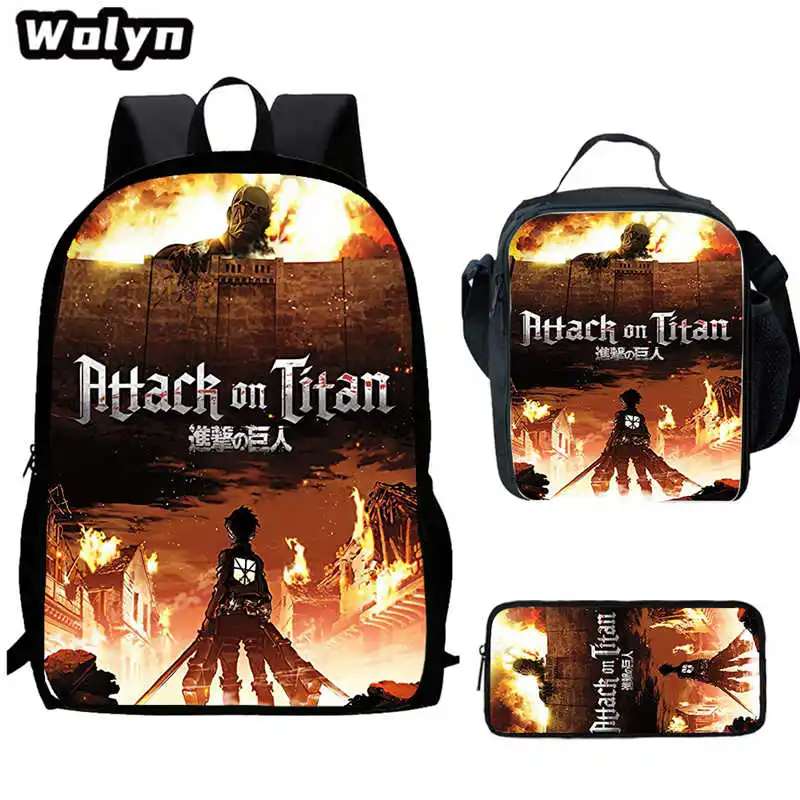 

3Pcs Set Attack On Anime Titan School Backpacks with Lunch Bag ,Pencil Case ,Cartoon School Bags for Boys Girls ,School Bag Set