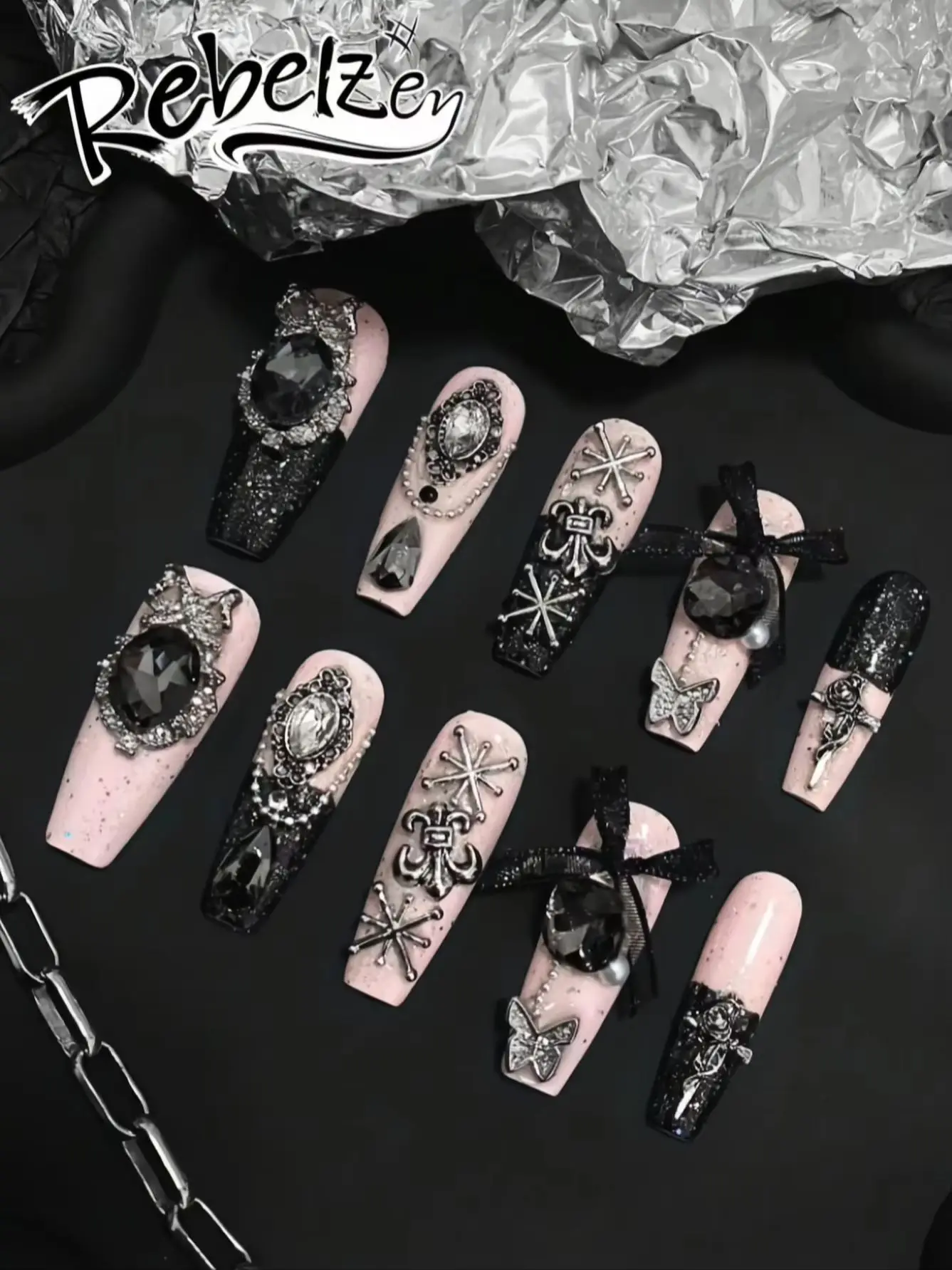10 Pieces of Gothic Heavy-Duty Wearable Nails, Long Coffin Shape, Black Glitter, Large Black Rhinestones, Bowknot, Cross, Butterfly, Reusable Fake Nails