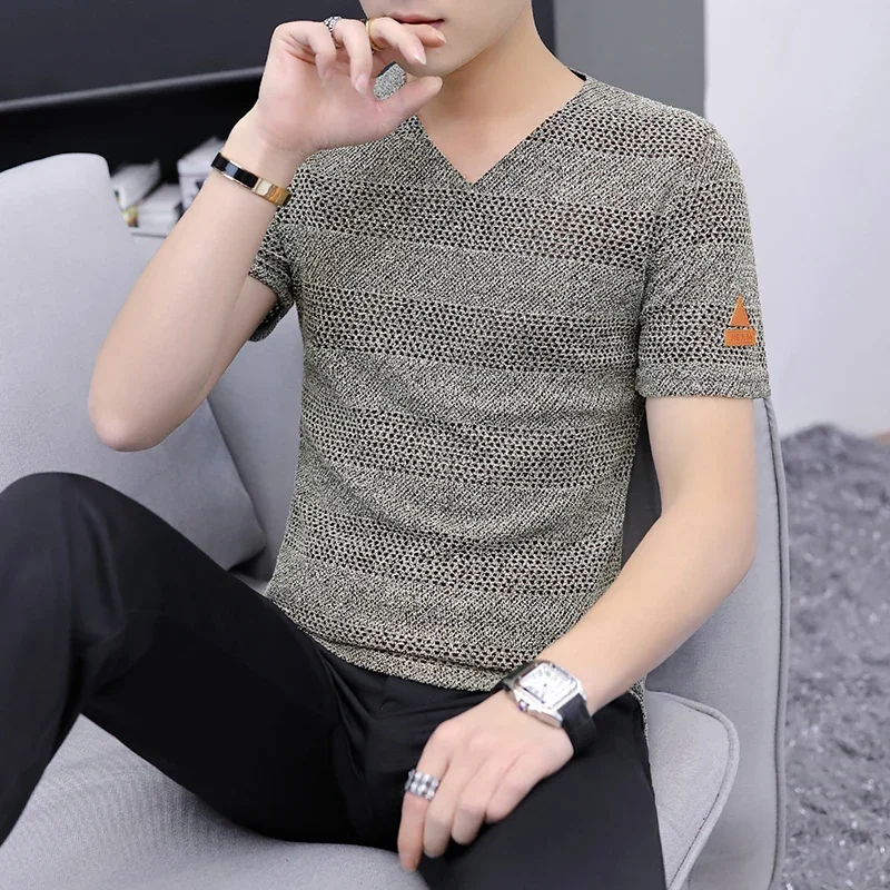 Summer Mens Plaid T Shirt Casual Elasticity Short Sleeve Knitting Hole T-shirts for Men Retro V-Neck Men\'s Tops Tees Plus Size