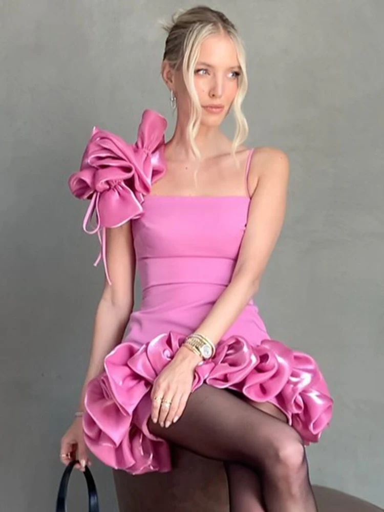 Eén schouder ruches ruches zoom Celebrity Bodycon Party roze Stero bloemenversiering riem korte jurk cocktailjurk