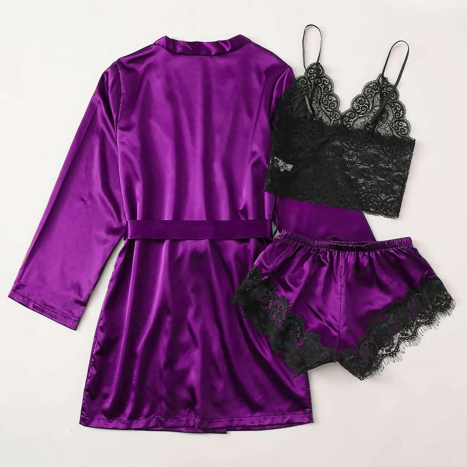 Woman Sleepwear 3pcs Solid Lace Trim Satin Pajamas Set With Robe Sexy Faux Silk Pijamas Robe Sets Casual Home Clothes Nightwear