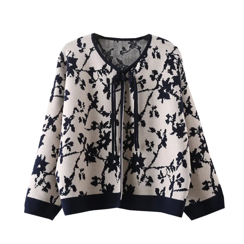 봄 신상 여성 일본 예술적 빈티지 자카드 가디건 브이넥 니트 스웨터 재킷 루즈 레이지 스타일