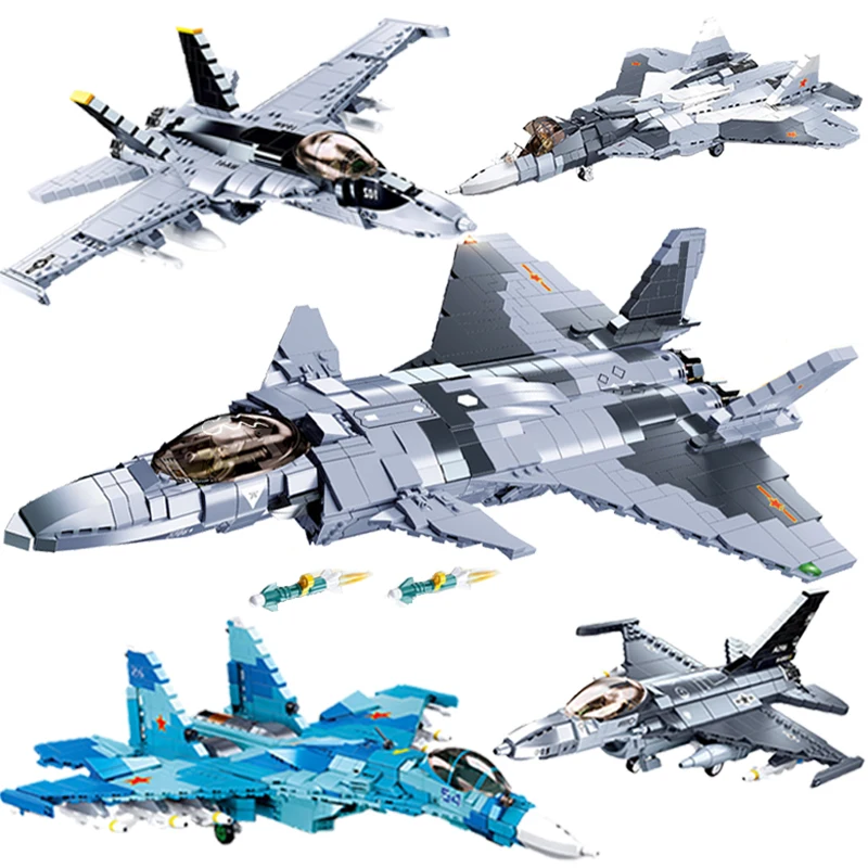 Sluban WW2 Military F-14 Su-27 F/A-18 Fighter Air Weapon Building Blocks MI-24 Ka-52 Helicopter Classic Model Aircraft Toys Gift