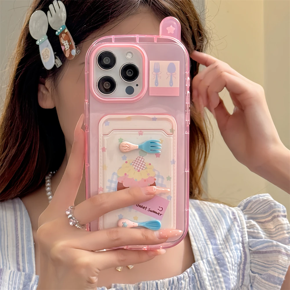 INS Cute Funny Kitchen Knife and Fork Cake Card Bag Phone Case For iPhone 15 14 13 12 Pro Max Kawii Shockproof Soft Bumper Cover