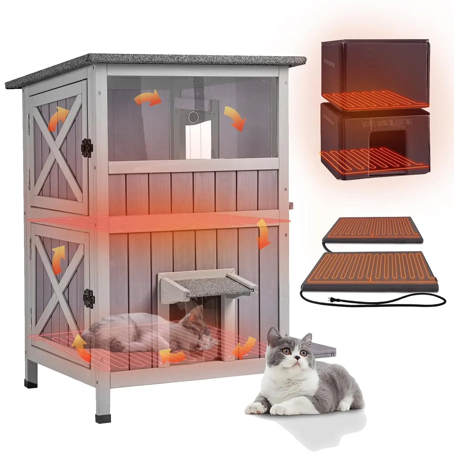 2-Story Outdoor Heated Cat House Large Insulated with Heating Pad & Liner, Customized