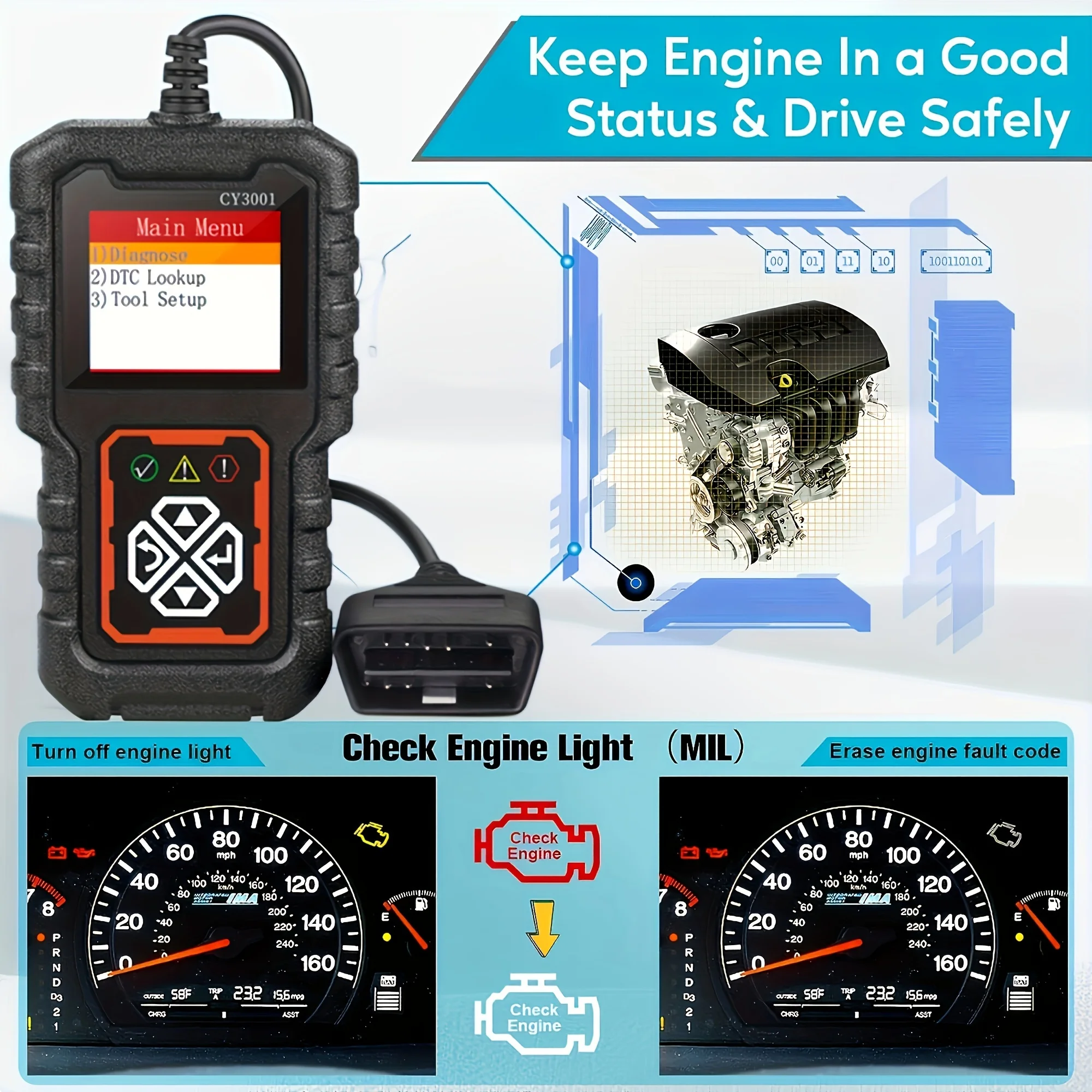 Car Obd2 Code Scanner Diagnostic Scanner, Code Reader Erase to Clear Engine Light Fault, Battery Test, Data Stream, I/M Readines