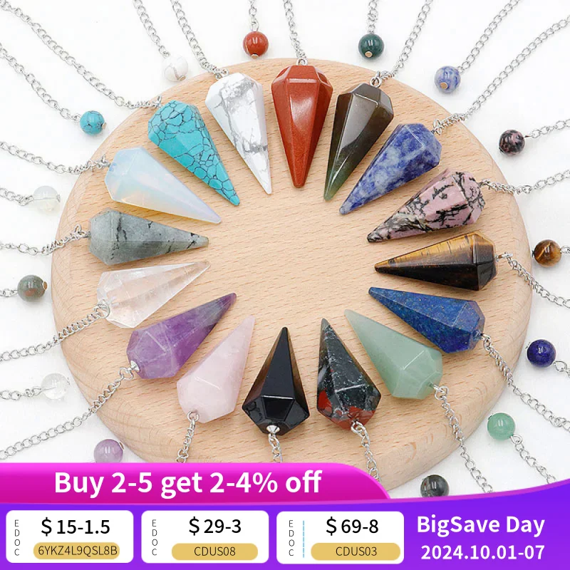 Hexagonal Cone Stone Spirit Pendulum Stainless Steel Chain Natural Amethyst Multicolor Crystal Pendant Agate Jewelry Accessories