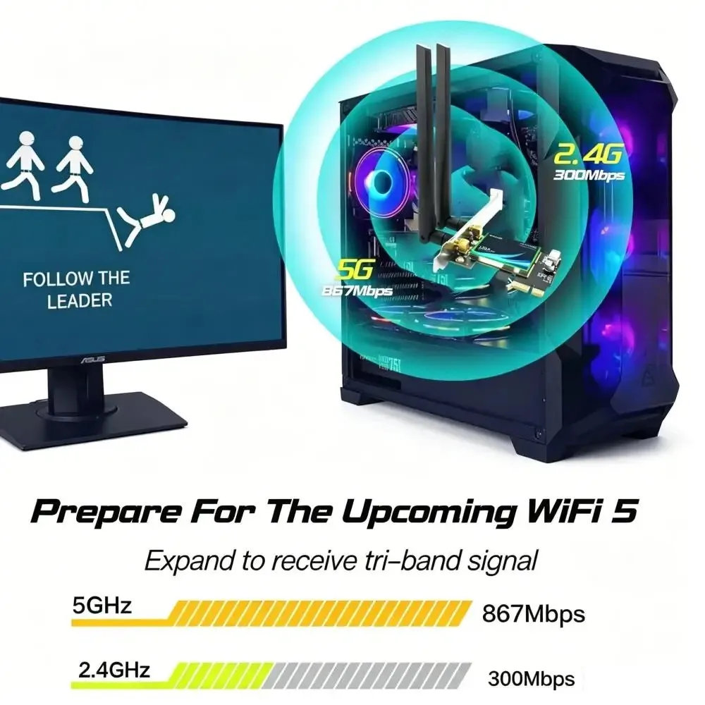 KEBIDU 1200Mbps PCIE WiFi Card Dual Band 2.4G 5GHz 802.11AC Wireless Adapter With Bluetooth 4.1 For Desktop Win7 Win10 Win11