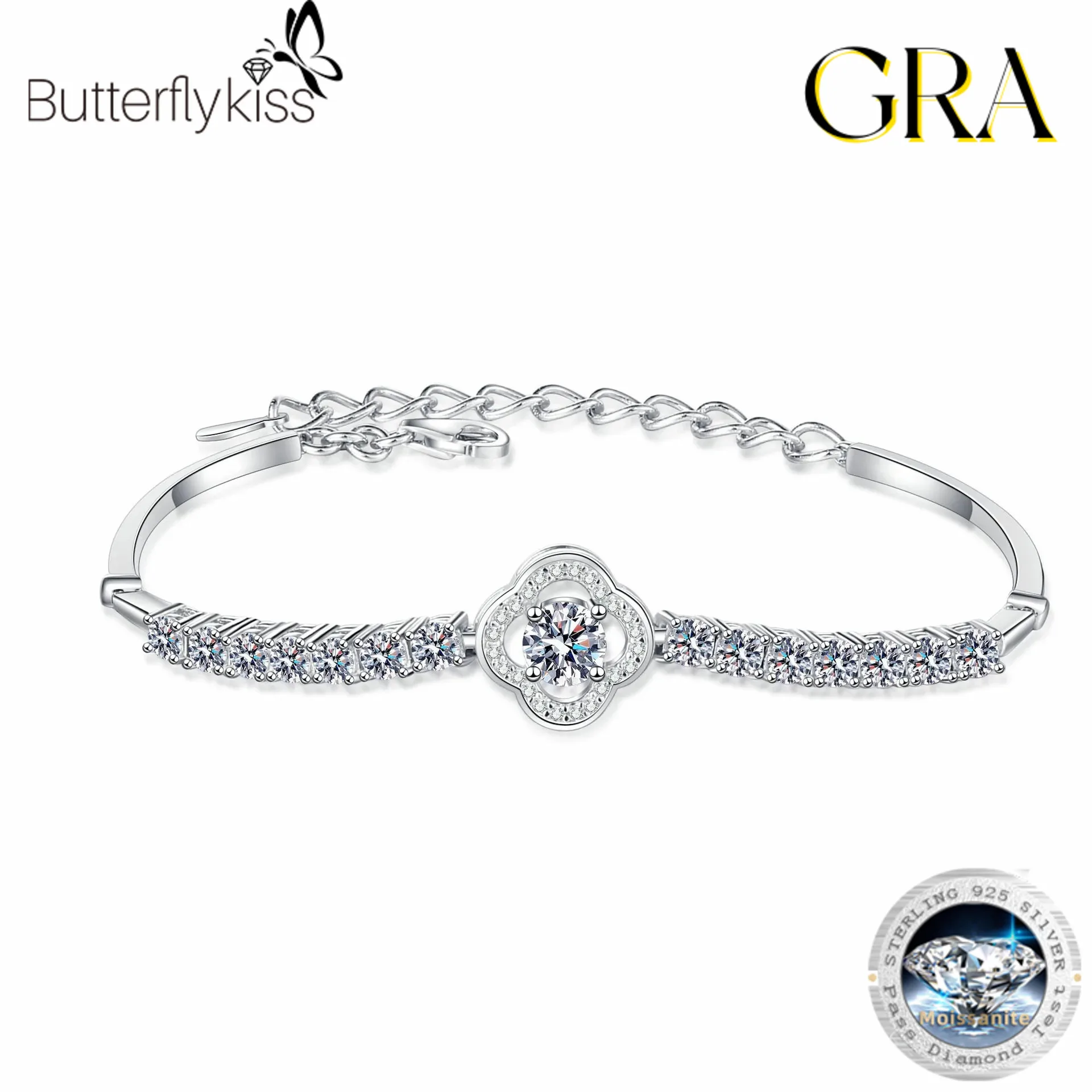 

Butterflykiss Full Moissanite Sterling 925 Silver Hand-inlaid Moissanite Four-leaf Hollow Row Diamond Bracelets Simple Jewelry
