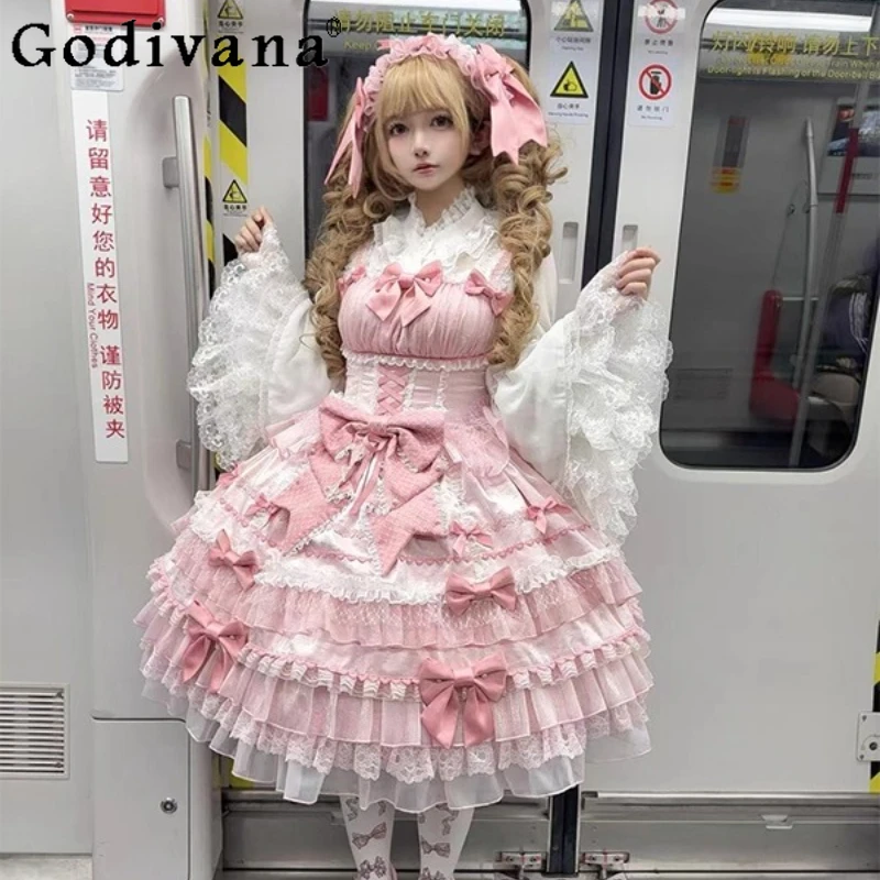 

Pink Ballet Style Lolita Dress JSK Sleeve Shirt Two Pieces Set Women Vintage Lolita Princess Dress Girls Birthday Party Dress