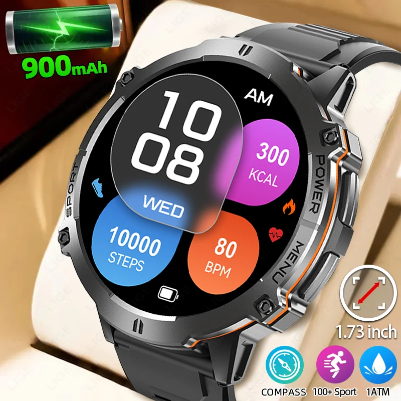 

LIGE 2025 GPS Smart Watch Men Bluetooth Call 1ATM Waterproof Smartwatch Compass 1.73'' HD AMOLED 900mAh Fitness Sport Smartwatch