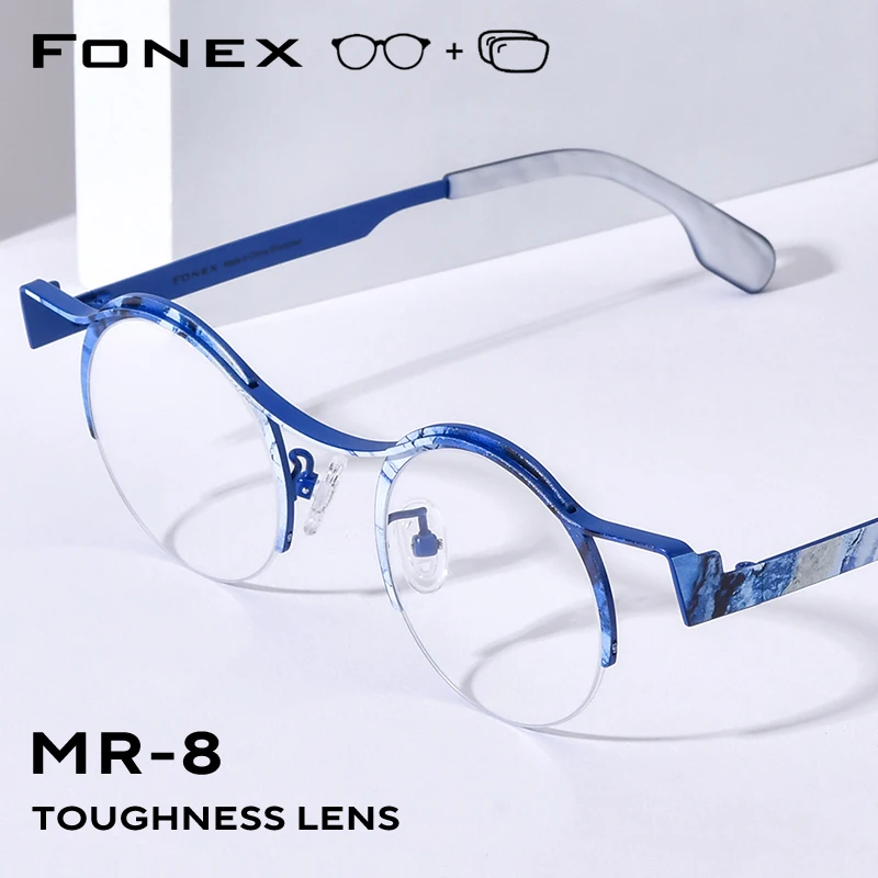 FONEX Progressive Prescription Eyeglasses Custom Myopia Optical Lens Eyewear Men Round Semi-Rimless Titanium Glasses Frame 5837