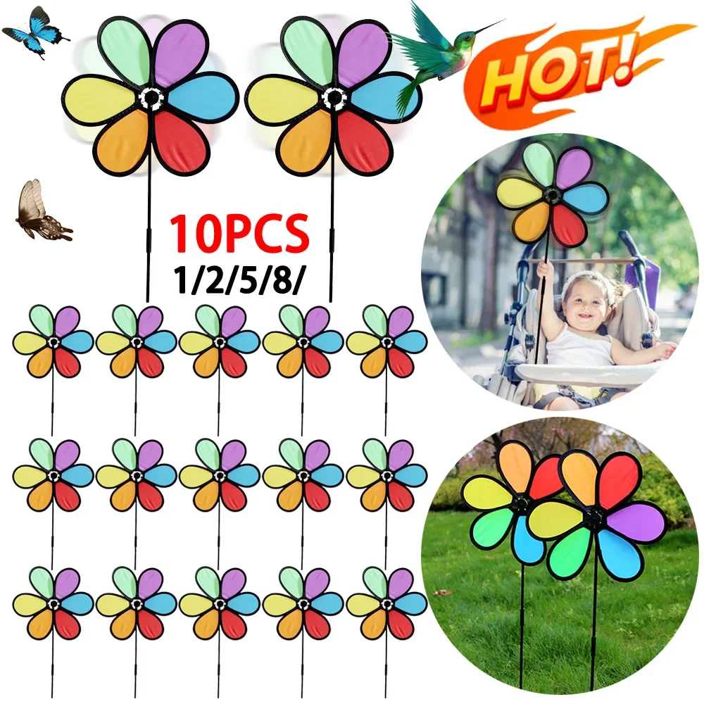 1-10PCS New Colorful Rainbow Dazy Flower Spinner Wind Windmill Garden Yard Outdoor Decor Colorful Creative Bird Scarer Kids Toy