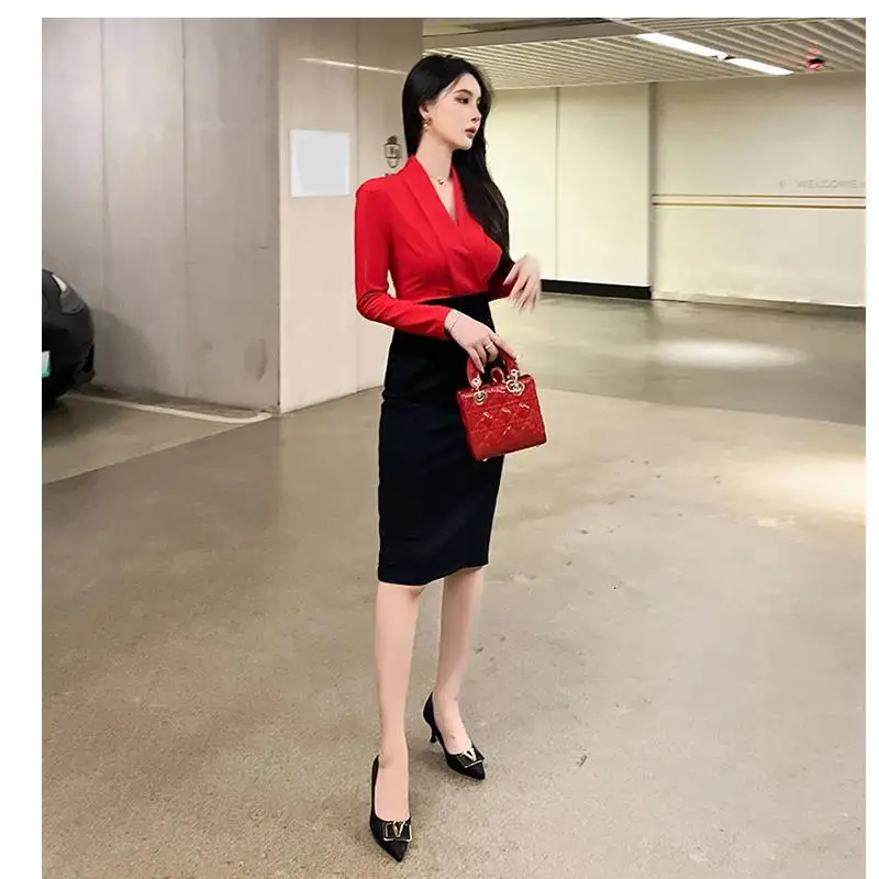 Spring Elegant Midi Dresses for Women Office Lady OL Profession Dress Red Black Panelled Slim Vestido Business Robe Female