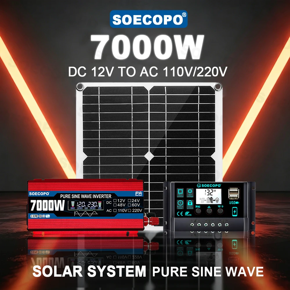 

Plug and Play Pure Sine Wave Inverter 7000W Solar Kit 100A Controller DC12V to AC110/220V 300W Panel for Caravan Farm Use Picnic