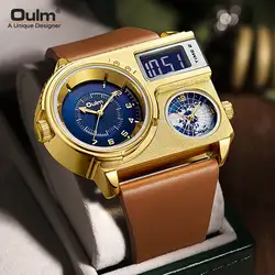 Oulm 5026 Luxury Brand Watch Men Dual Display Two Time Zone Quartz Clock Male Big Wristwatch Men's Genuine Leather Watches