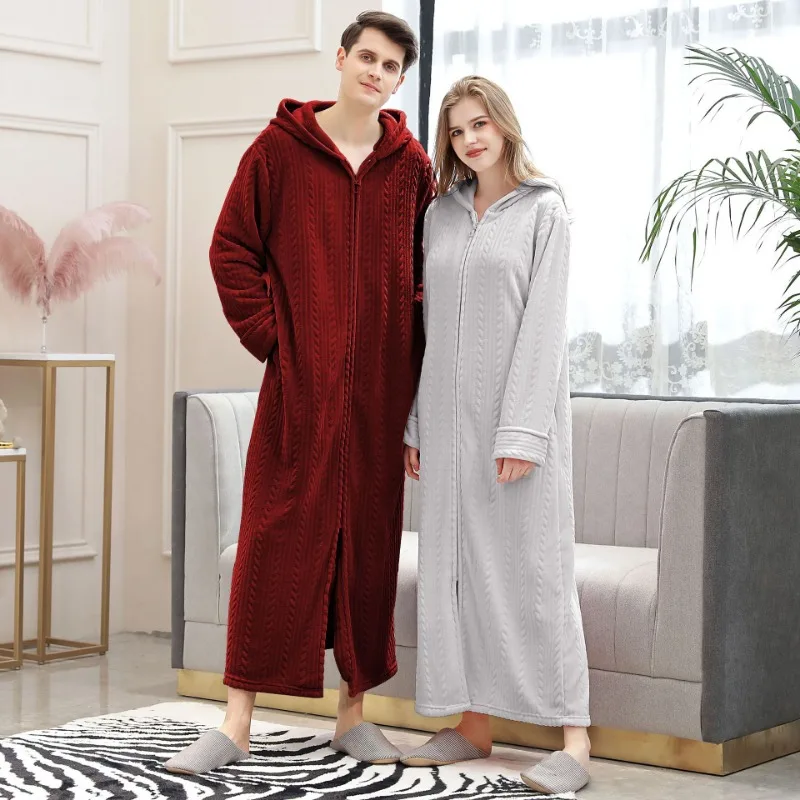 Luxury Long Velvet Autumn/winter Robes For Men Women Thickened Warm Flanelle Bathwear Couple Zip Up Sleepwear Dress