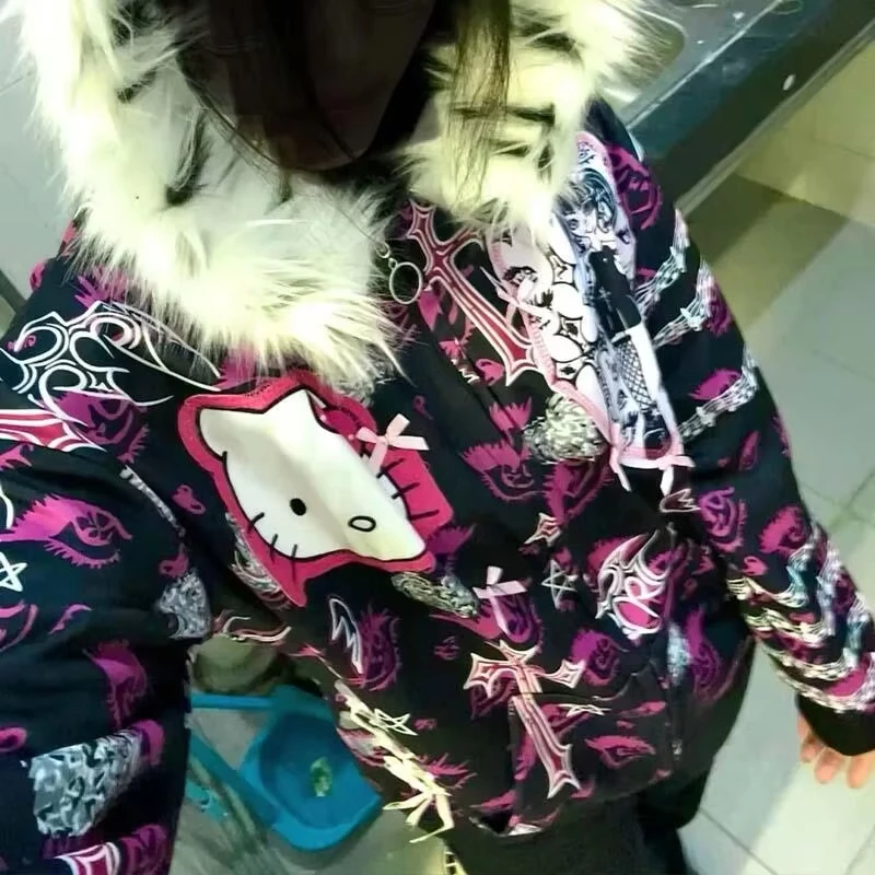 

Американская куртка-худи Y2K для девушек Hello Kitty с молнией, графическим принтом и меховым воротником, ретро-топ в уличном стиле, подарок для женщин