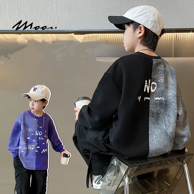 

New Autumn Korean Style Children Cotton Sweatshirt With Letter Print For Boy Patchwork Clothes For Kids Teenager Tee Tops 5-14Y