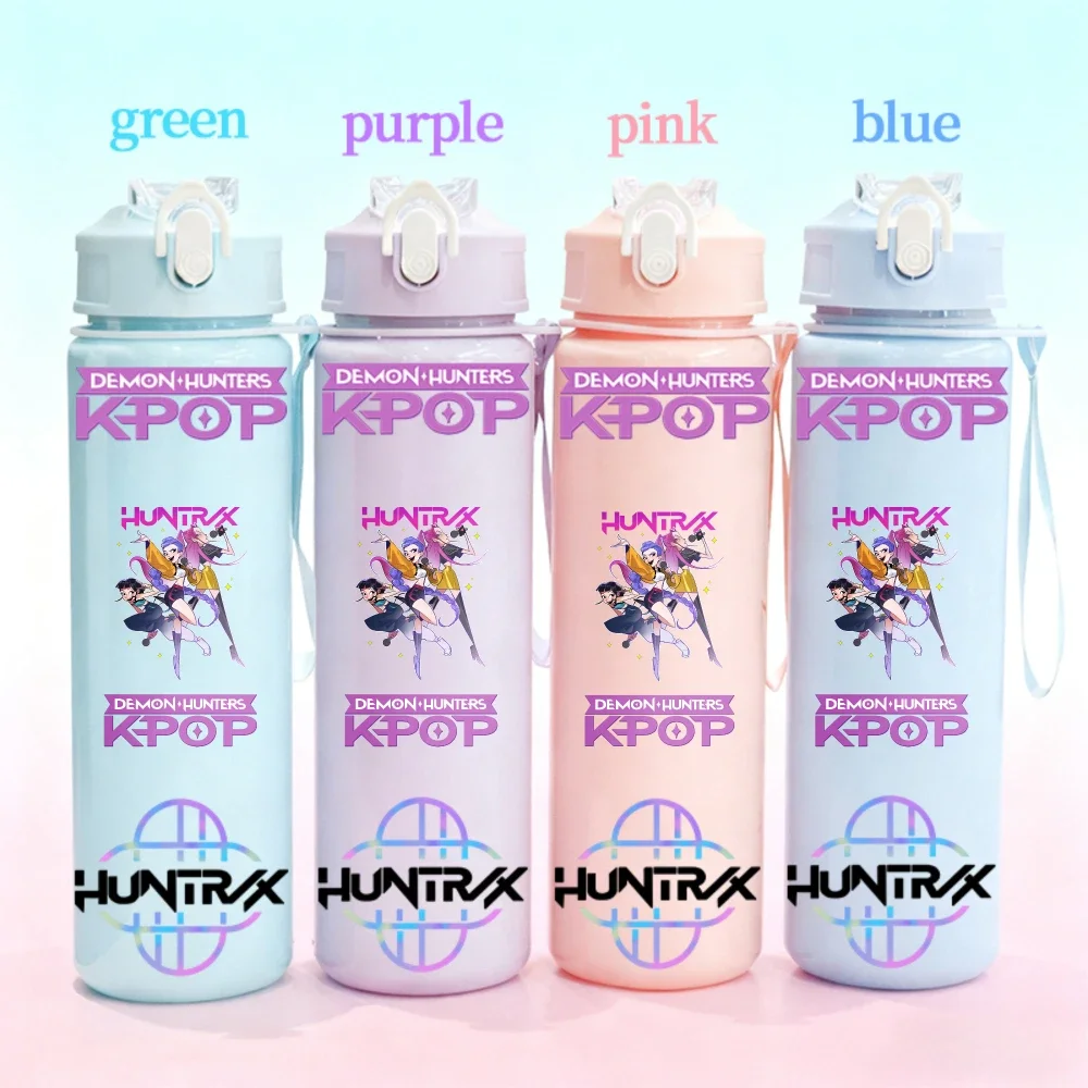 750ML KPop Demon Hunters Plastic Water Bottle Straw Rumi Mira Zoey K-Pop Demon Hunters Letter Children's Anime Water Bottle Gift