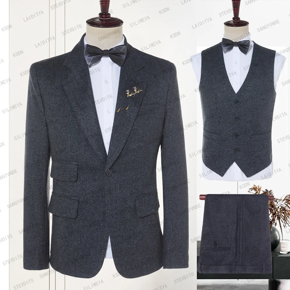 

2023 Suit Men Business British Style Wedding Dress Blue Black Mixed Letter Pattern Banquet Slim Fit Jacket Vest Pants 3 Pcs Set