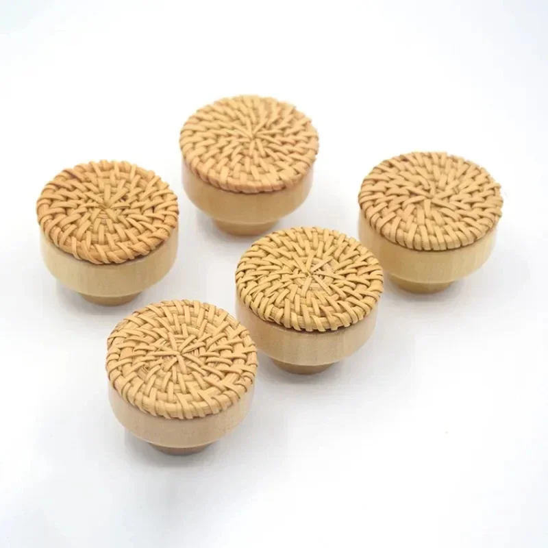 Wooden Handles Dresser Knobs Round Rattan Furniture Handles Handmade Kitchen Cupboard Drawer Knobs