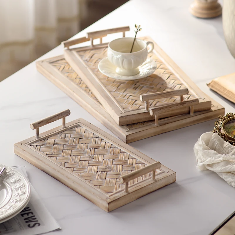 3-Piece Set of Natural Wooden Serving Trays with Handles, Featuring Rustic Distressed Wood Core and Rattan, Rectangular Farmhouse Serving Trays for Coffee Tables, Breakfast, Tea Parties, and Home Decor