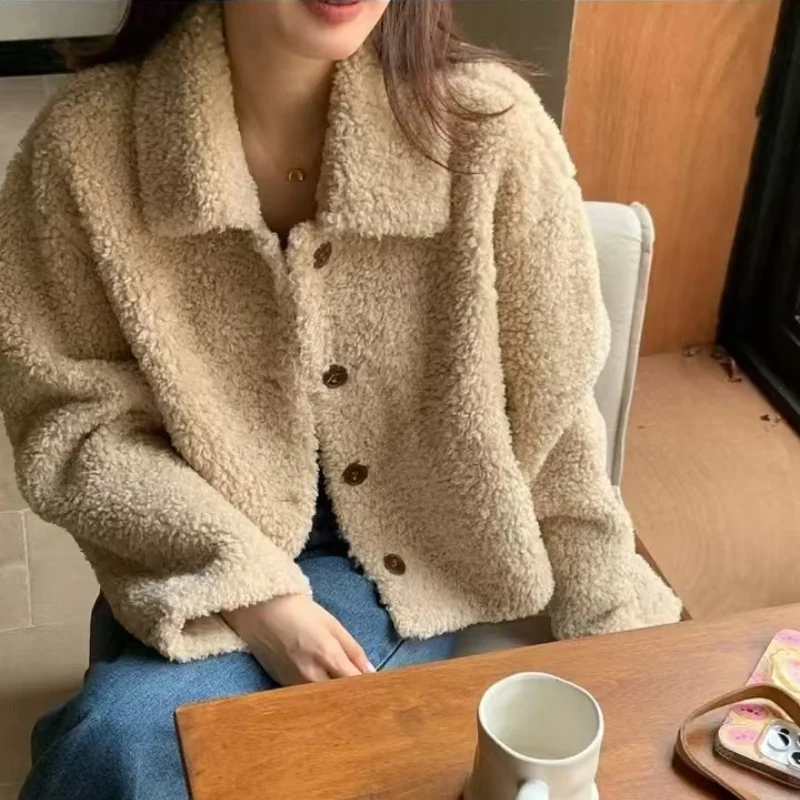 New Women Double-Faced Fleece Jacket Autumn Winter Thicken Warm Coat Loose Short Style Long-Sleeved Outerwear Plus Size M-3XL